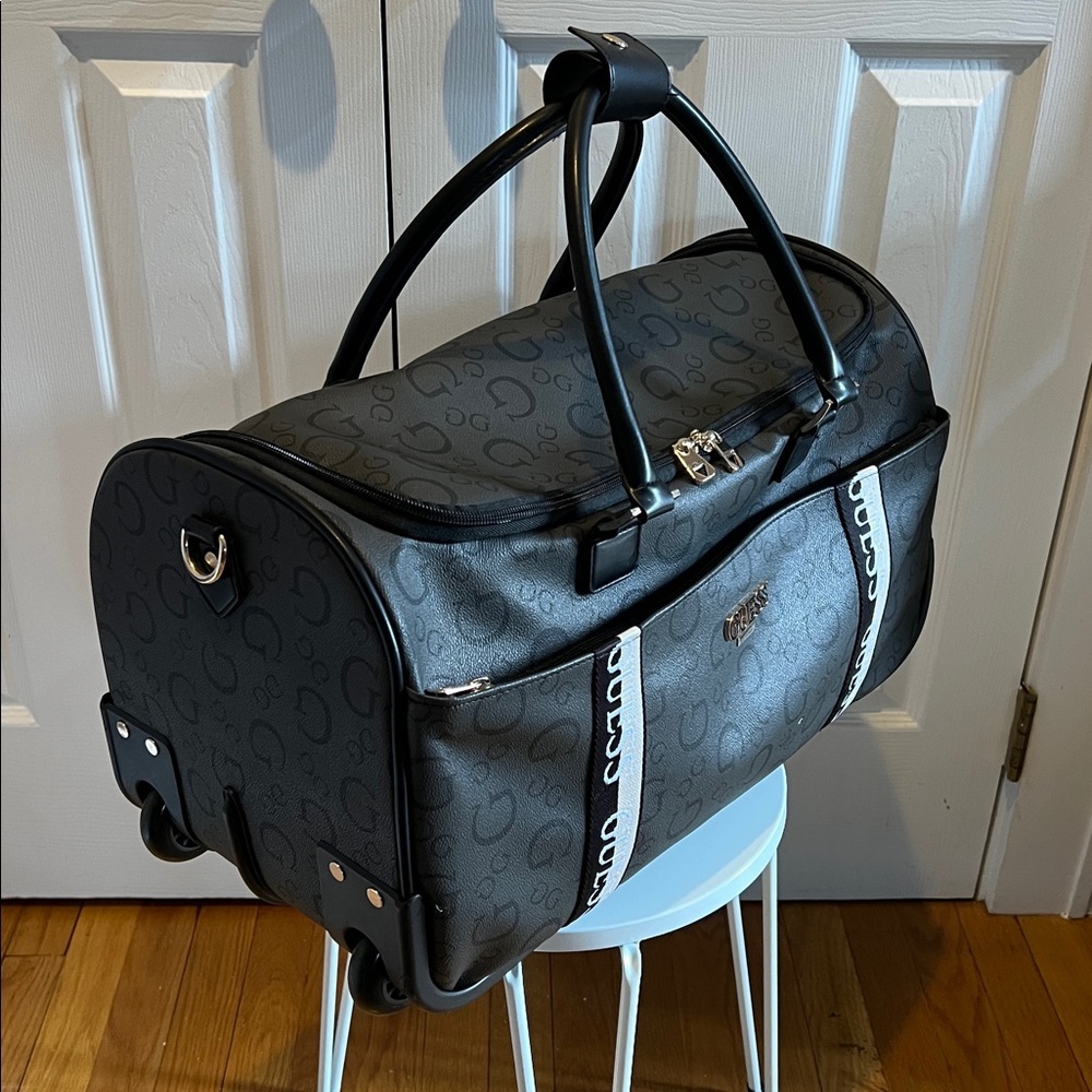 GUESS Logo Debossed Rolling Black Duffel Weekender Travel Bag - Picture 8 of 16
